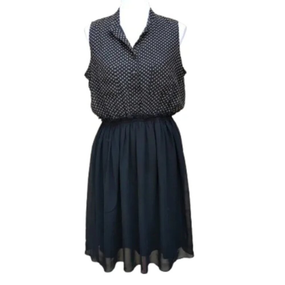 EnFocus Studio Black Blouson Dress Tan Polka-Dot Print Sleeveless